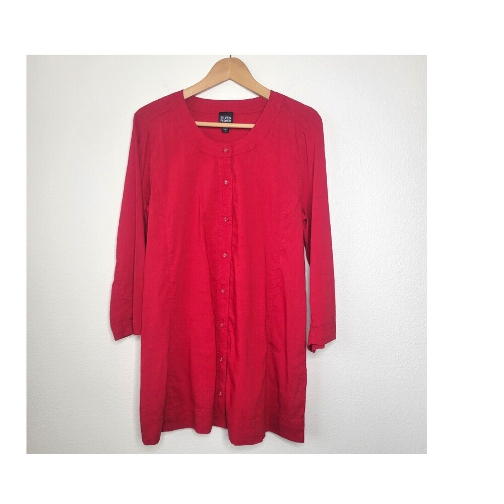 EILEEN FISHER $168 Solid Red Italian Linen Button Up Shirt Top Size MEDIUM